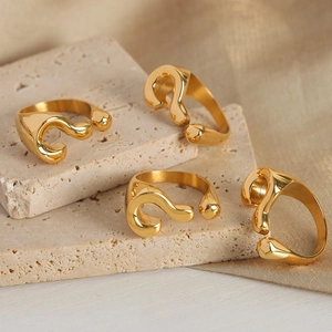 Elegant gold-plated titanium steel ring with a geometric question mark design shown on stones