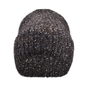 Detailed texture of thick marled dark grey knit hat with flecked wool fibers