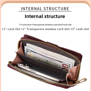 Detail view of burgundy long wallet with 11 card slots and large phone compartment