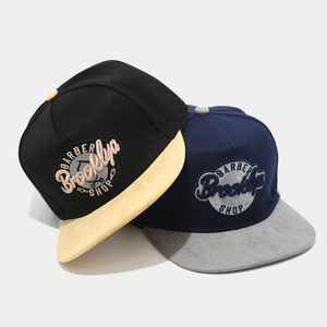 Flat brim baseball caps with color block design and Barber Shop Brooklyn embroidery