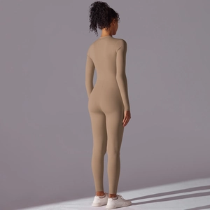 Back view of high-elasticity khaki long sleeve yoga jumpsuit with sleek compression fit