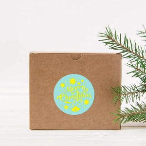 500pcs 1.5 inch blue Merry Christmas labels with gold bells on kraft paper box