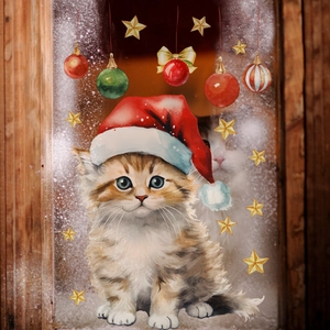 Detail eines beidseitigen Weihnachtsaufklebers mit einer Katze in einer Nikolausmütze