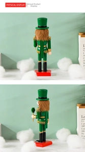 Detail view of St. Patrick's Nutcracker showing green uniform and clover wand details