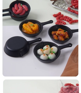 Detailed macro view of miniature frying pan models with realistic resin food charms