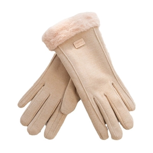Guanti termici caldi beige da donna con polsini in ecopelliccia e funzione touch screen