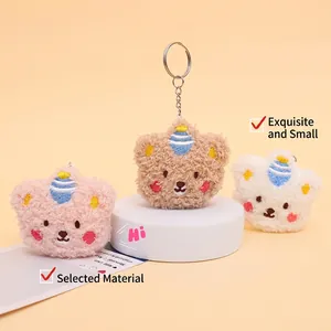 Cute Curly Plush Bear Head Keychain Pendant With Striped Hat Embroidery Bag Charm Ornament Soft Cartoon Animal Accessory