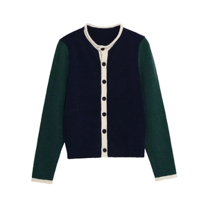 Women Color Block Knit Cardigan Round Neck Long Sleeve Button Up Preppy Style Contrast Trim Casual Soft Polyester Sweater