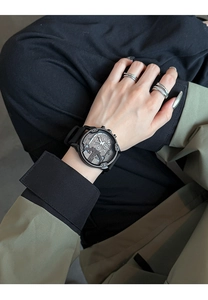Close-up of black multifunctional quartz watch with rubber strap on a model's wrist