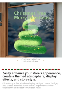Detail of green spiral Christmas tree window sticker with yellow stars and festive text