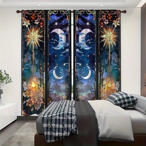 Detail view of four-panel sun and moon star curtains with colorful stained glass art pattern