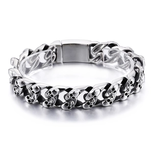 Punk style men's stainless steel skull link bracelet with vintage silver finish