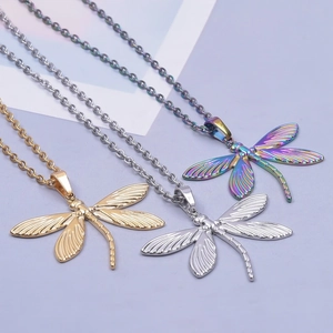 Three-color dragonfly pendants in gold, silver, and rainbow on delicate steel chains