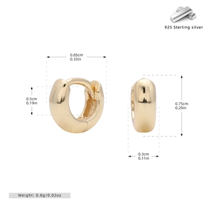 Detailed size chart of S925 sterling silver gold hoop earrings with weight in grams and inches