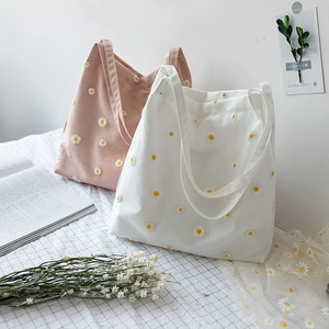 Daisy Embroidery Canvas Tote Bag For Women Student Casual Handbag Fresh Aesthetic Zipper Shoulder Bag Daily Shopping