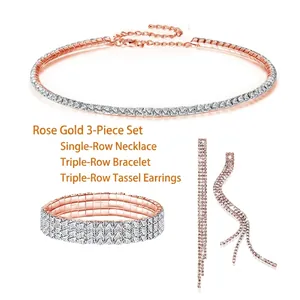 Detailed view of rose gold 3-piece jewelry set with sparkling rhinestone choker and bracelet