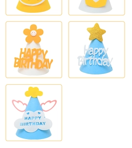 Detailed grid of colorful felt birthday hats with daisies and happy birthday text