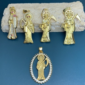 Santa Muerte Pendant Grim Reaper Necklace Charm 18K Gold Plated Copper With Zircon Rhinestone Hip Hop Jewelry DIY Making