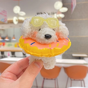 Portachiavi cane in peluche con occhiali gialli e ciambella salvagente per borse