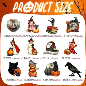 Size chart showing dimensions for 12 Halloween gnome and skeleton magnetic decorations