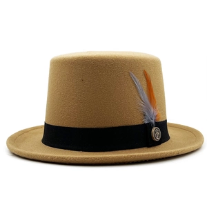 Khaki wool felt flat top hat with black ribbon and vintage feather accent detail