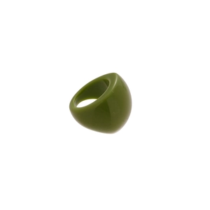 Minimalist olive green resin geometric oval ring with smooth wide band on white background