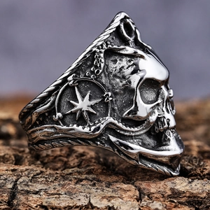Vintage stainless steel skull and nautical compass ring with a retro silver finish