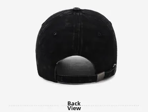 Detailed back view of vintage washed black baseball cap with adjustable metal buckle