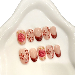 Hand-painted watercolor red rose press-on nails with silver glitter and French tips