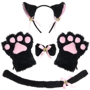 Cute black and pink plush cat cosplay set including ears headband, paw gloves and tail