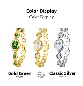 Three elegant women's jewelry watches with gemstone bracelets in green, gold and silver finishes
