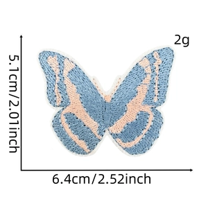 Detailed size chart of blue and pink butterfly embroidered patch on white background