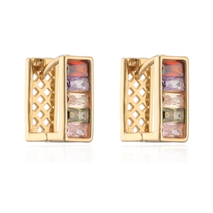 Luxurious gold-plated rectangular hoop earrings with colorful zircon stones on white backdrop