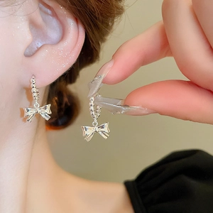 Silver Bowknot Hoop Drop Earrings Made Of Copper With Steel Earring Post Minimalist Geometric Style Jewelry For Women