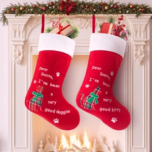Christmas Stockings Red Felt White Plush Large Pet Theme Dog Cat Plaid Holiday Fireplace Home Decor Hanging Bag