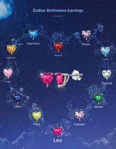 Macro view showing 12 colors of heart-shaped birthstone stud earrings in S925 sterling silver