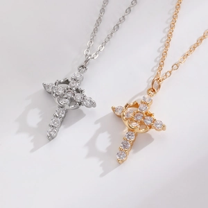 Retro Crown And Cross Pendant Necklace With Rose Flower Detail Copper Zircon Inlaid Elegant Jewelry For Women