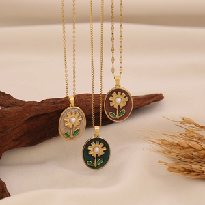 Vintage Sunflower Pendant Necklace Stainless Steel Enamel Flower Oval Charm With Imitation Artificial Pearl Gold Plated For Women