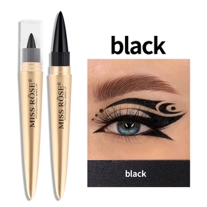 Detail of gold MISS ROSE eyeliner pen with black pigmented eye makeup and color swatch