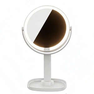 White round LED makeup mirror with adjustable stand and storage base tray on white background