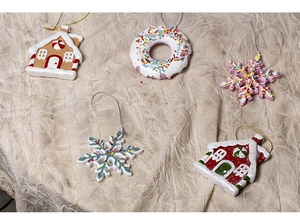 Detailed view of assorted Christmas resin pendants including gingerbread house and snowflakes