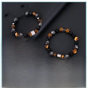 Bracelet pour homme en œil de tigre et pierre de lave 10mm avec accent en acier inoxydable