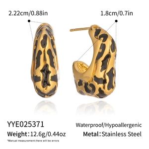 Detail view of leopard print stainless steel earrings with precise size and weight specs