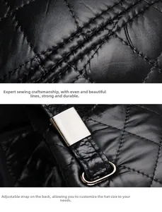 Detail of black quilted PU fabric and adjustable back strap with metal buckle