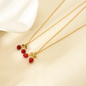 Elegant 18K gold plated stainless steel necklace featuring red cherry and strawberry charms