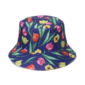 Floral fisherman hat with navy blue tulip patterns for sun protection and casual wear