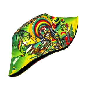 Detail of reversible sun hat with colorful reggae graffiti and ethnic rasta patterns
