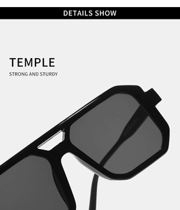 Detail shot of strong and sturdy black temple hinges on stylish square sunglasses