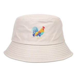 Beige bucket hat with colorful rooster embroidery and stitched brim on white background