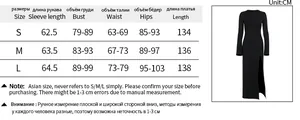 Detailed size chart for the split long sleeve bodycon dress with precise measurements